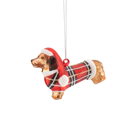 Sausage Dog with Santa hat in Tartan Jacket Shaped Bauble