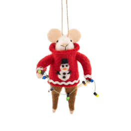 Mouse in Snowman Jumper with Fairy Lights Felt Decoration