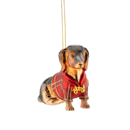 Sausage Dog in Tartan Jacket Shaped Bauble